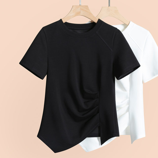 2026 Summer Women's New Short Sleeve T-shirt Women's Slim Top Design Irregular Slit Hem Niche Half Sleeve