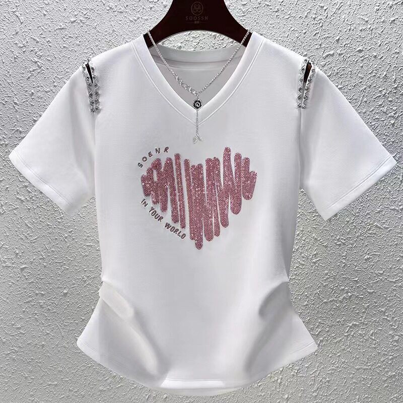 2025夏季新款短袖t恤 女显瘦重工钉珠露肩刺绣亮片褶皱圆领上衣潮