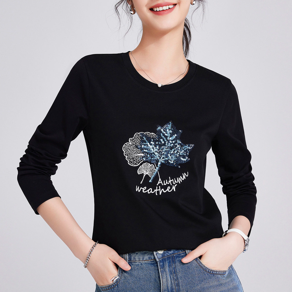 银杏枫叶珠片T恤女长袖2025秋季新款百搭圆领休闲体恤丝光棉上衣,淘宝优惠券,粉丝福利购,淘宝优惠卷