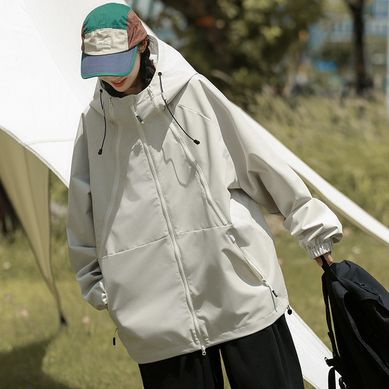 BUFFALO BOUN户外休闲风连帽撞色冲锋衣男女情侣款宽松运动外套