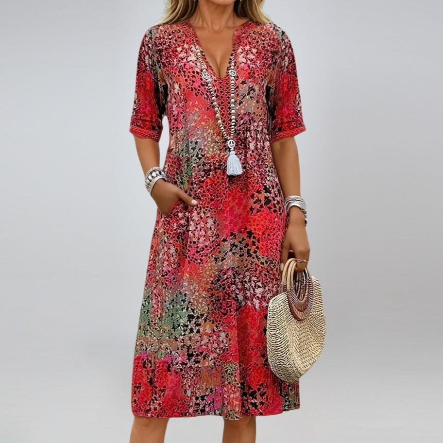 亚马逊欧美印花夏季领度假插袋连衣裙家居服外贸女舒适休闲 - 图0