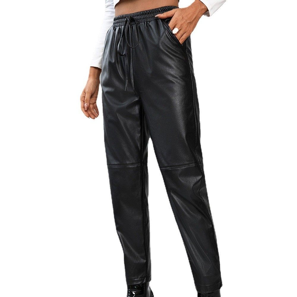 亚马逊跨境外贸欧美休闲宽松机车皮长裤松紧皮裤 女,淘宝优惠券,粉丝福利购,淘宝优惠卷