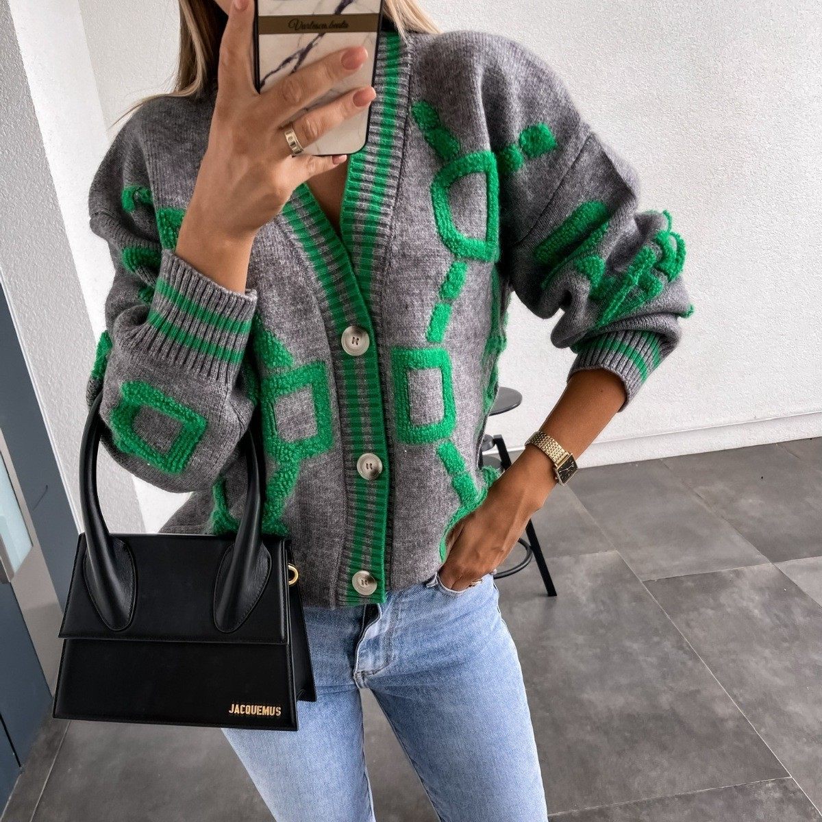 欧美气质毛衣女领单排扣针织开衫秋冬新款宽松毛衣外套上衣,淘宝优惠券,粉丝福利购,淘宝优惠卷