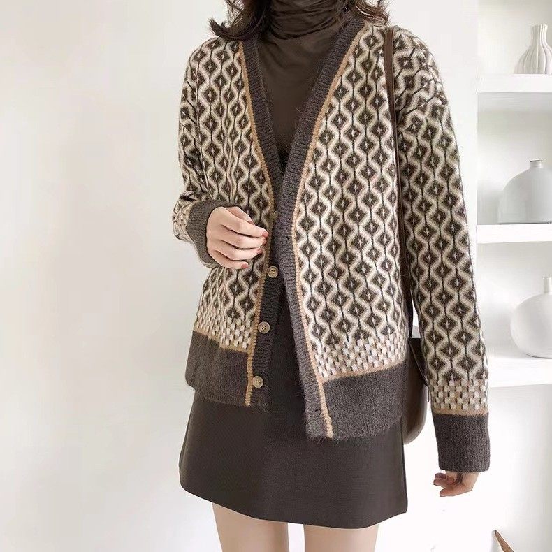 秋冬季韩版复古气质撞色针织开衫领菱格厚款宽松毛衣女外套,淘宝优惠券,粉丝福利购,淘宝优惠卷