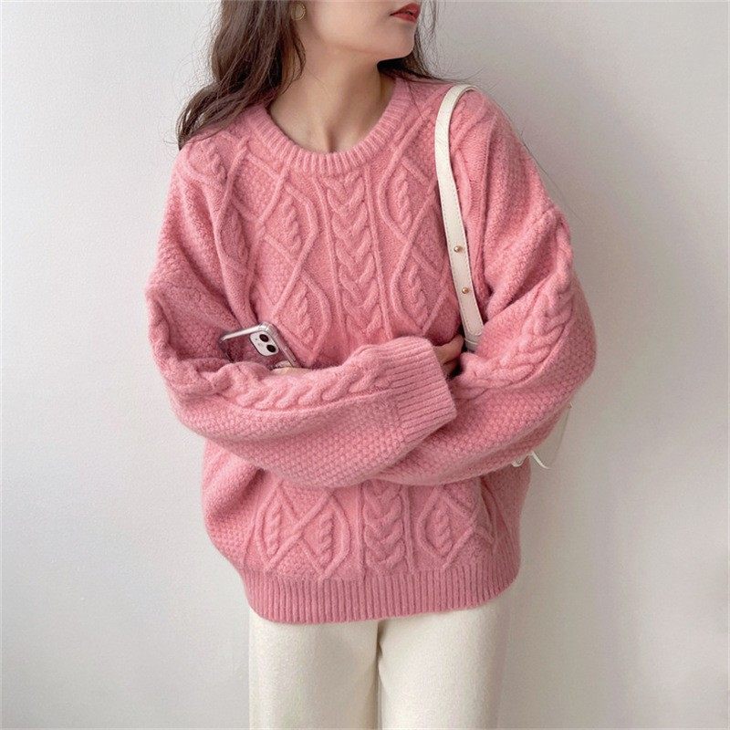 毛衣女秋冬新款日系甜美温柔风圆领麻花宽松显瘦长袖套头针织上衣,淘宝优惠券,粉丝福利购,淘宝优惠卷