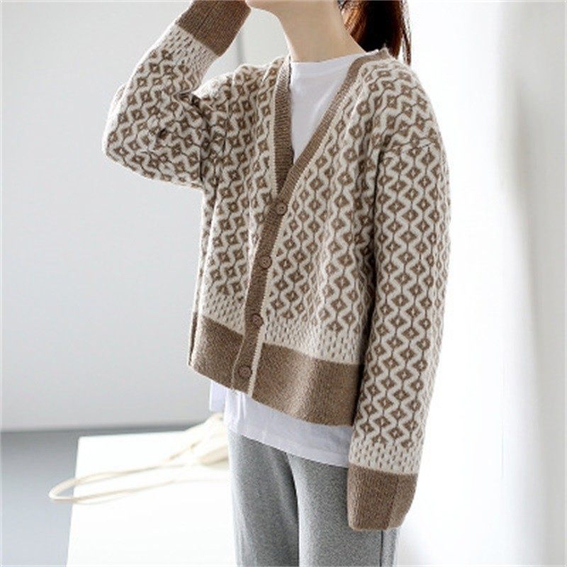 秋冬季韩版复古气质撞色针织开衫领菱格厚款宽松毛衣女外套,淘宝优惠券,粉丝福利购,淘宝优惠卷