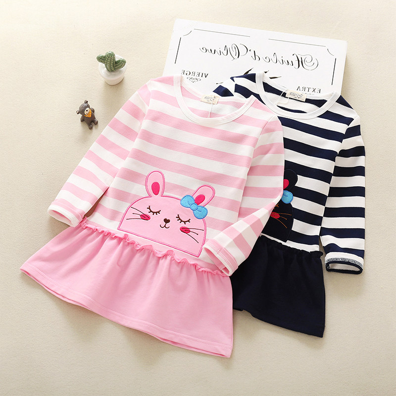 女童t恤长袖春秋童装新款条纹宝宝t恤裙童装拼接儿童上衣裙纯棉潮,淘宝优惠券,粉丝福利购,淘宝优惠卷