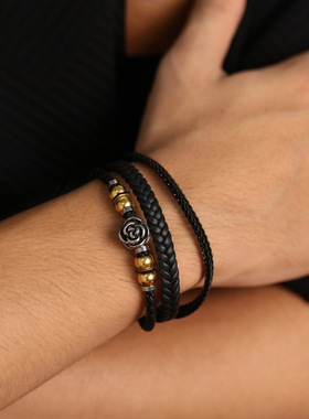 北欧跨境热销街头商务皮手镯男士不锈钢复古朋克编织多层皮革手链