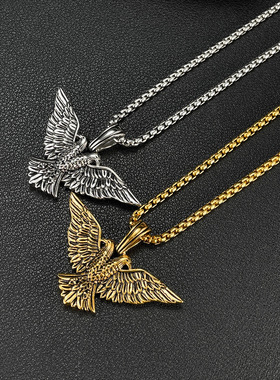 欧美跨境创意朋克风钛钢项链男款街头嘻哈不锈钢双头鹰吊坠不掉色