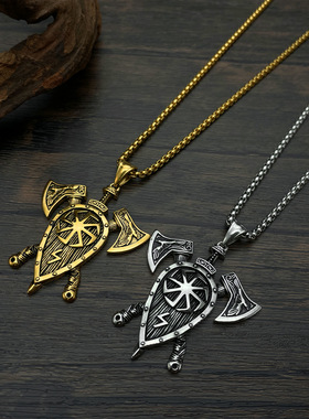 复古霸气双斧头项链男潮钛钢欧美男士维京奥丁之斧嘻哈吊坠不掉色