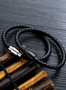 黑色皮绳学生手链男青少年日韩版时尚牛皮编织手绳手环朋克风饰品