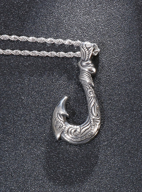 欧美时尚复古图腾鱼钩项链男款做旧海军嘻哈风花纹不锈钢钩子吊坠