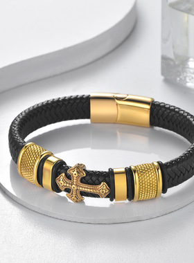 欧美黑武士男士编织皮手绳潮人朋克不锈钢十字架高级轻奢皮绳手链