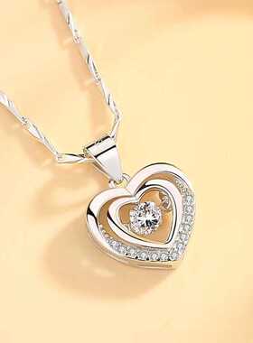 纯银项链女加长款200斤胖妹礼物跳动钻石闪钻双层心形高档轻奢