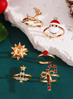 圣诞节饰品 可爱卡通麋鹿圣诞树戒指6件套滴油开口可调节指环