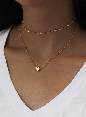 Choker Necklace简约潮女 街拍项饰 铜质桃心多层锁骨颈链项链