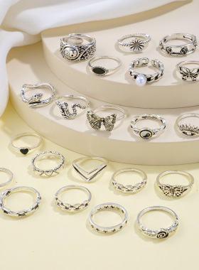 21pcs Ring蝴蝶爱心女式戒指21件套几何花朵蛇眼睛多件套装关节戒