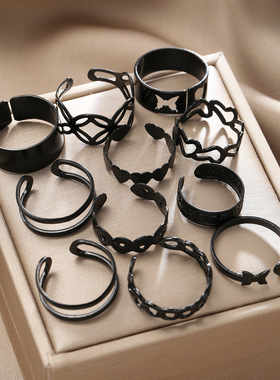 11pcs Black Finger Ring镂空蝴蝶泳黑戒指11件套嘻哈男女关节戒