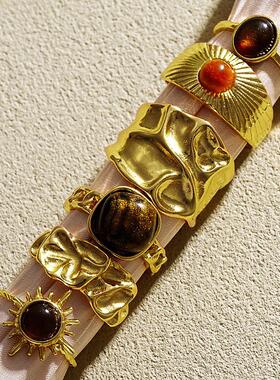 Ring Set复古虎眼石项链美拉德显瘦戒指波西米亚戒指轻奢小众配饰