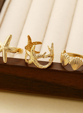 3pcs Women Ring Sets休闲海星贝壳开口戒指海洋度假女手饰3件套