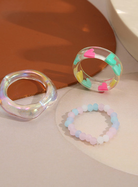 Women Ring小众爱心串珠树脂戒指套装创意简约时尚气质关节戒指女