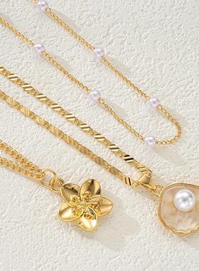 Women Necklace Choker欧美时尚珍珠贝壳式多层项链花朵异域套装