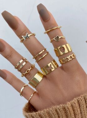 12pcs Women Ring蝴蝶戒指镂空爱心关节戒指合金开口戒指套装12件
