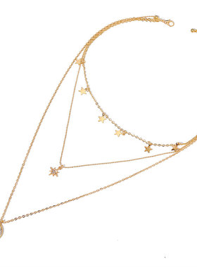 Choker Necklace五角星吊坠锁骨链创意复古简约八芒星月牙3层项链
