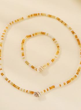 欧美海洋度假风手工串珠贝壳海螺项链手链两件套波西米亚项链女