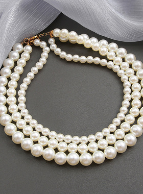 Choker Necklace简约仿珍珠项链女小众设计3层锁骨链复古项链叠戴