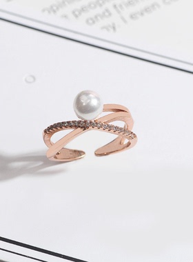韩版时尚风交叉珍珠微镶锆石戒指