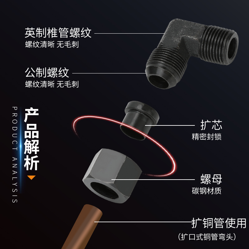 液压油管接头英制转公制高压直角弯头喇叭扩口D型14铜管转换接头