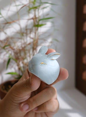 青瓷小兔子茶宠摆件 萌宠玉兔家居摆件装饰品 花盆造景笔搁茶道玩