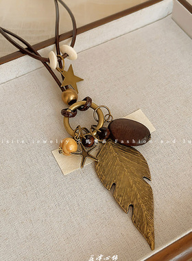 新中式禅意古铜羽毛项链女波西米亚民族风双层叠戴长款毛衣链