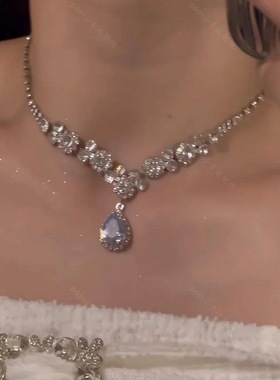 爆闪水钻锆石珍珠水滴项链锁骨链轻奢夸张小众富家千金配饰礼服