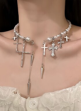 甜酷风高级感珍珠铆钉十字架choker颈链小众个性独特气质锁骨