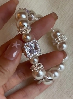 法式珍珠戒指女小众高级轻奢超闪锆石情侣对戒新中式简约百搭