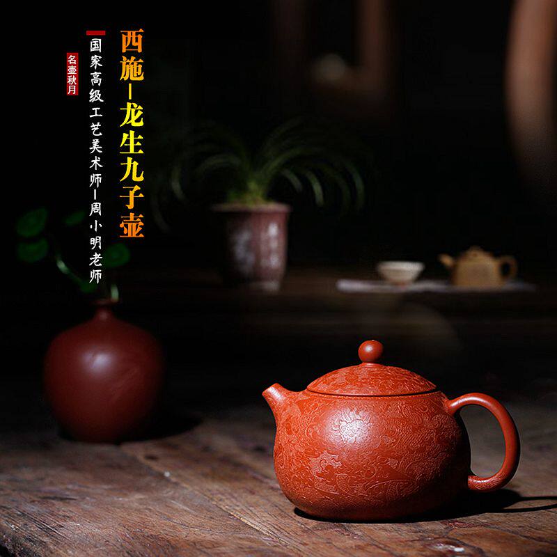 名壶秋月名家大师国研工周小明原矿朱泥西施龙生九子壶宜兴紫砂壶