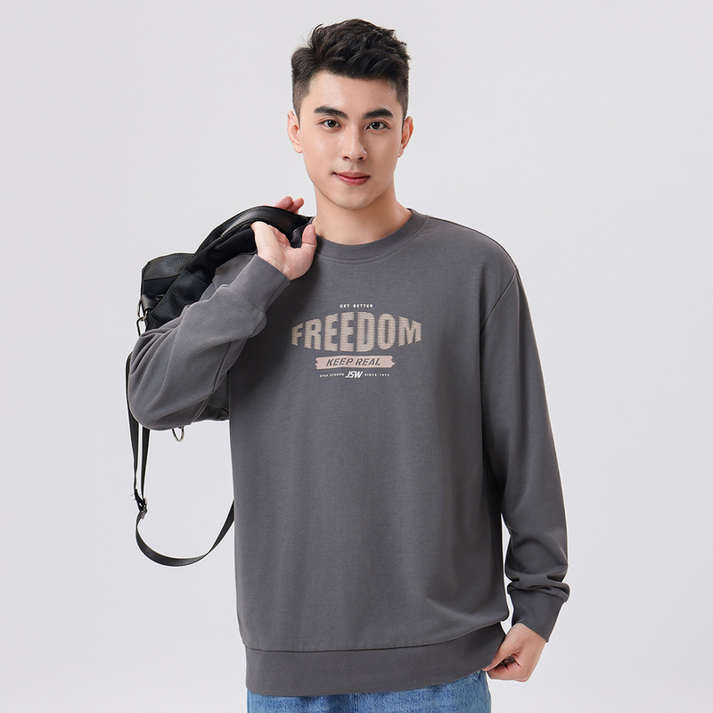 JW真维斯男装2025年春新款卫衣圆领简约印花图案百搭休闲长袖上衣