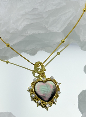 S925纯银黑蝶贝爱心珍珠吊坠项链