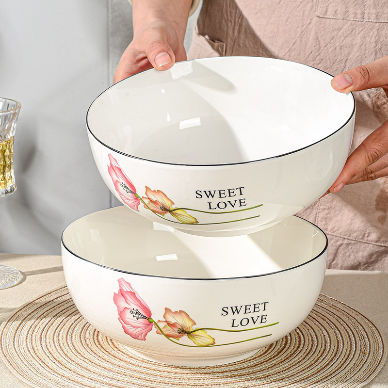 花朵图案家用饭碗汤碗餐具大号菜碗汤碗盛汤专用碗瓷质厚实耐高温,淘宝优惠券,粉丝福利购,淘宝优惠卷