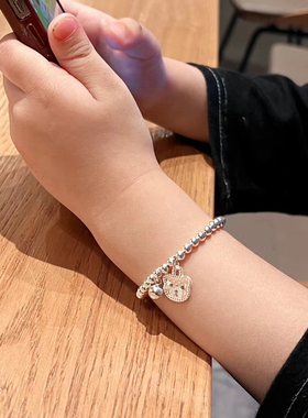 s925纯银小银珠豆豆小熊铃铛手链小众设计感满月宝宝男女儿童礼物