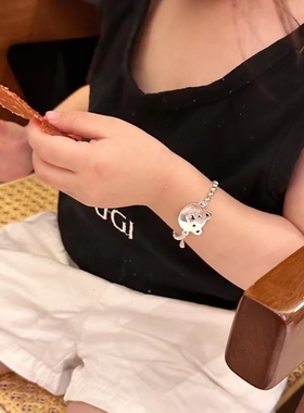 925纯银小熊手链亲子款女小熊项链男六一儿童节宝宝小孩脚链刻字