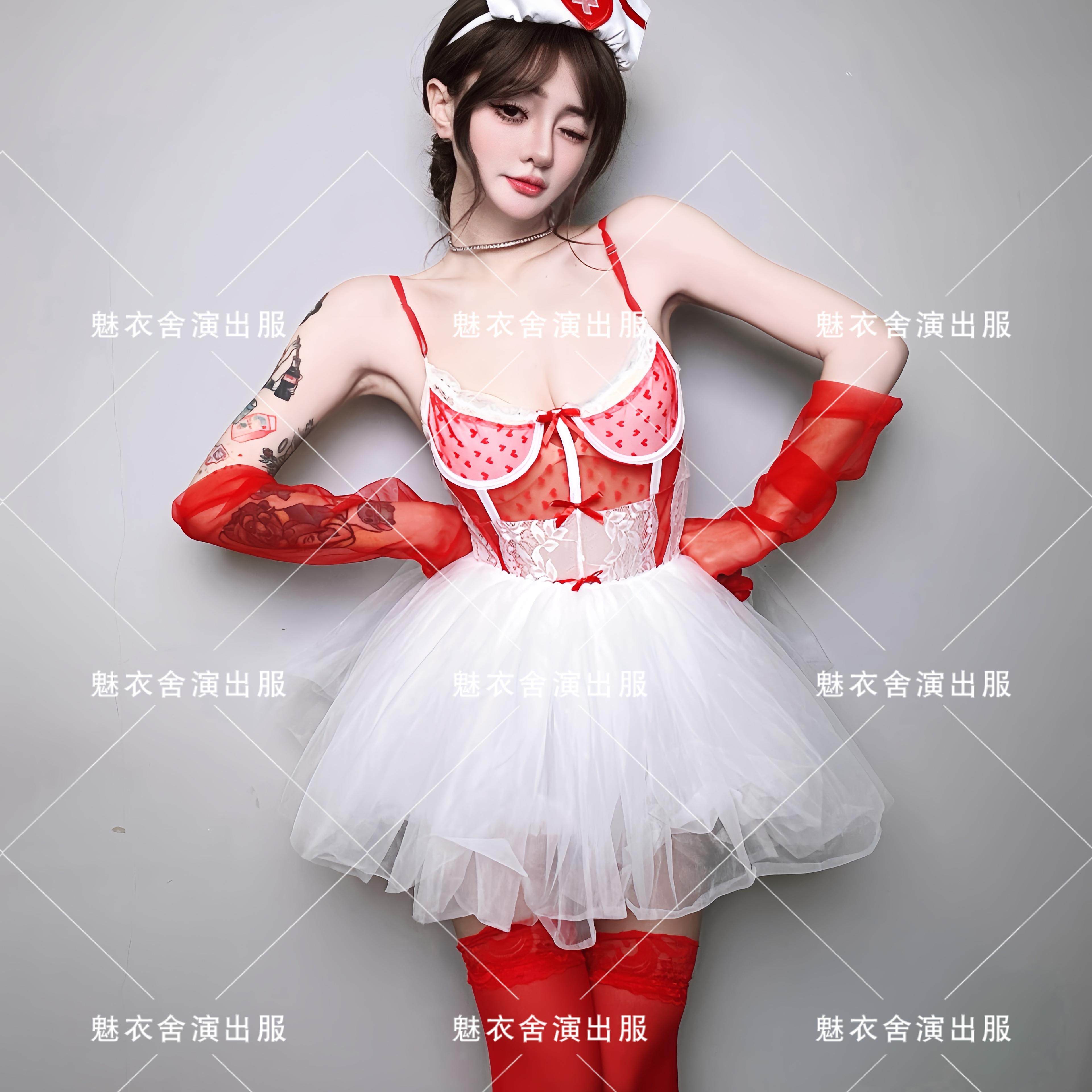 元旦新年情人节酒吧gogo领舞DJDS演出服女性感红白蕾丝连体衣套装