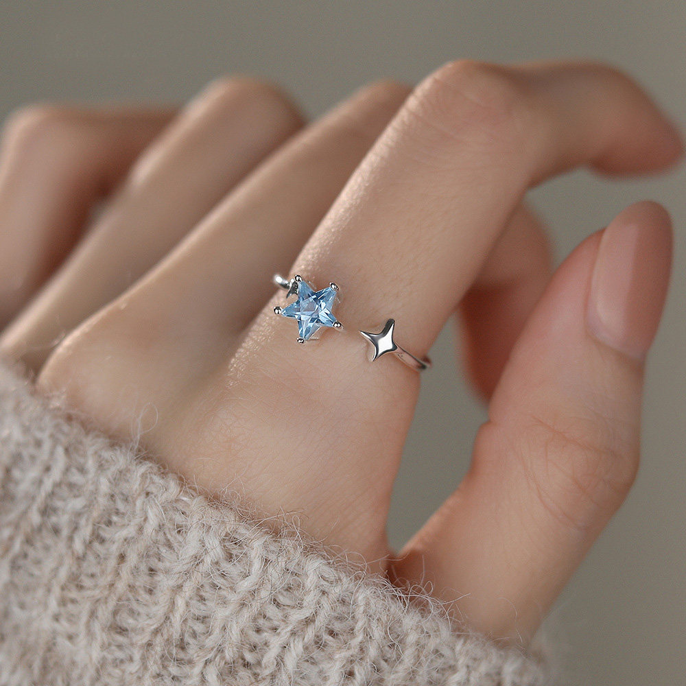 Blue crystal star sterling silver ring for women 2025 new style