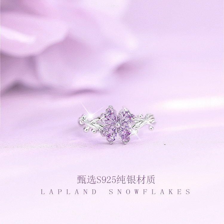 Natural amethyst sterling silver four leaf clover ring