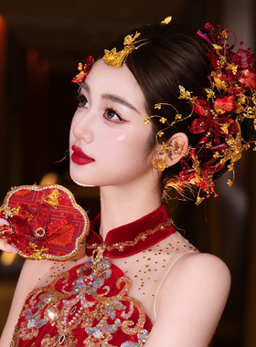 新款新娘复古头饰高级感红金撞色中式古典手工晨袍秀禾服结婚发饰