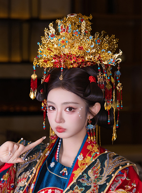 重工奢华凤冠霞帔流苏发冠结婚新娘头饰中式古风汉服结婚拍照发饰