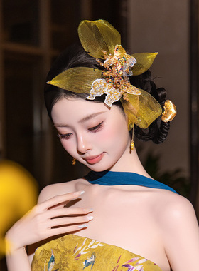 新款新娘发饰复古新中式黄色手工刺绣小金鱼结盘发结婚敬酒服头饰