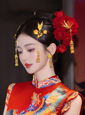 新娘中式头饰高级感金色龙凤褂秀禾服流苏发簪重工古风发饰品套装